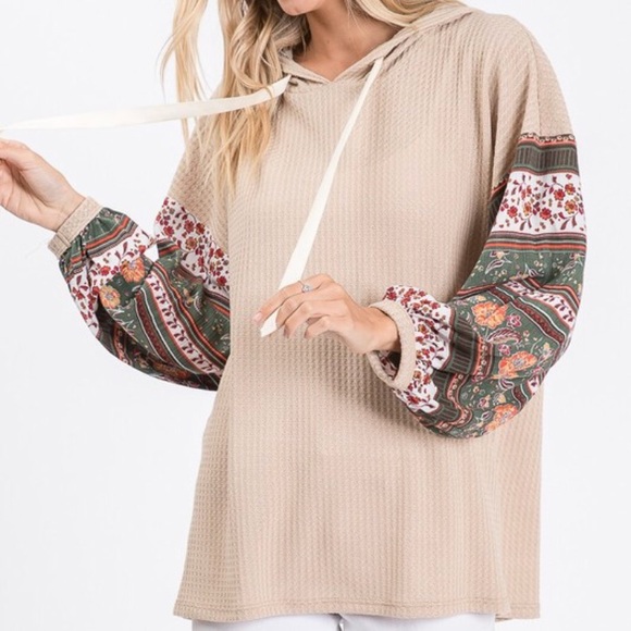 Boho Print Sleeve Thermal Waffle Hoodie Shirt - Picture 4 of 4